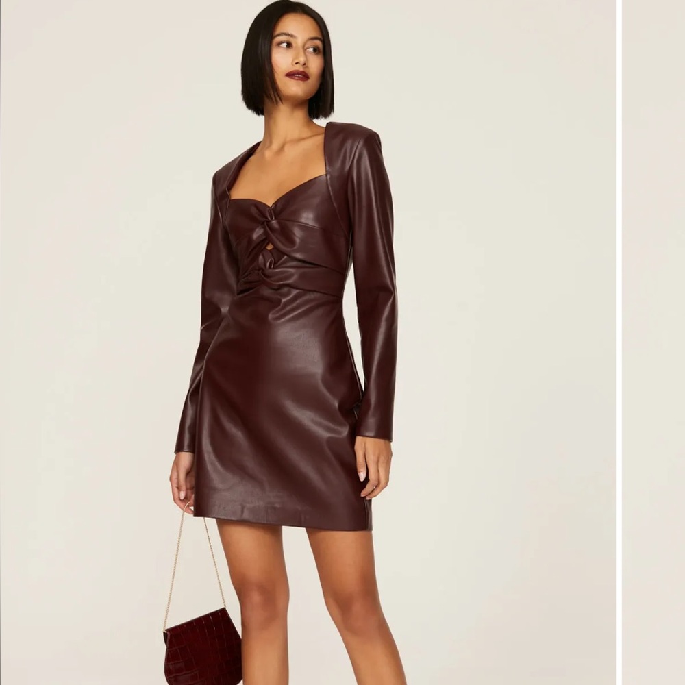 Chic Long Sleeve Faux Leather Dress in Deep Brown